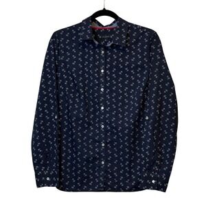✨Talbots Women Navy Nautical‎ Anchor Print Long Sleeve ButtonDown Shirt Workwear